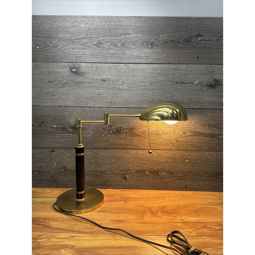 Mid-Century Modern Italian Style Brass & Black Swing Arm Shell Desk Lamp 16”